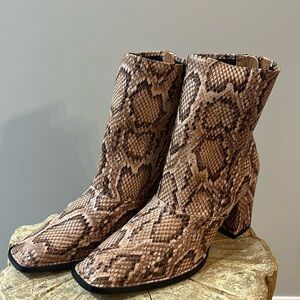 Snake skin square toe chunky heel ankle boots.